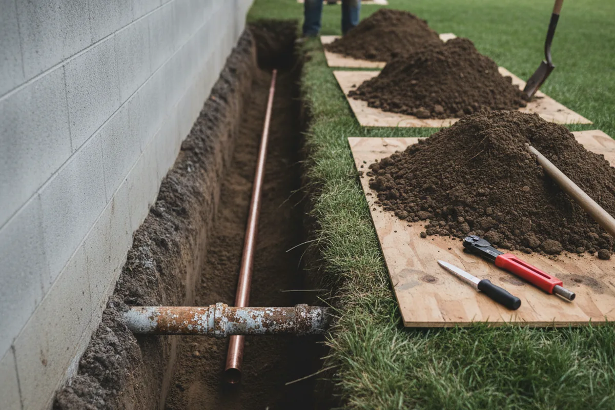 Excavated water line trench during Water Heater Repair in Jackson